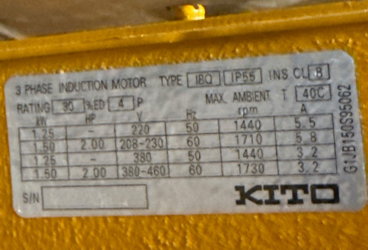 Used KITO OVERHEAD CRANE GEAR MOTOR MODEL G1MO150-B G1JB150T .60 M/S 2 HP 2YAC