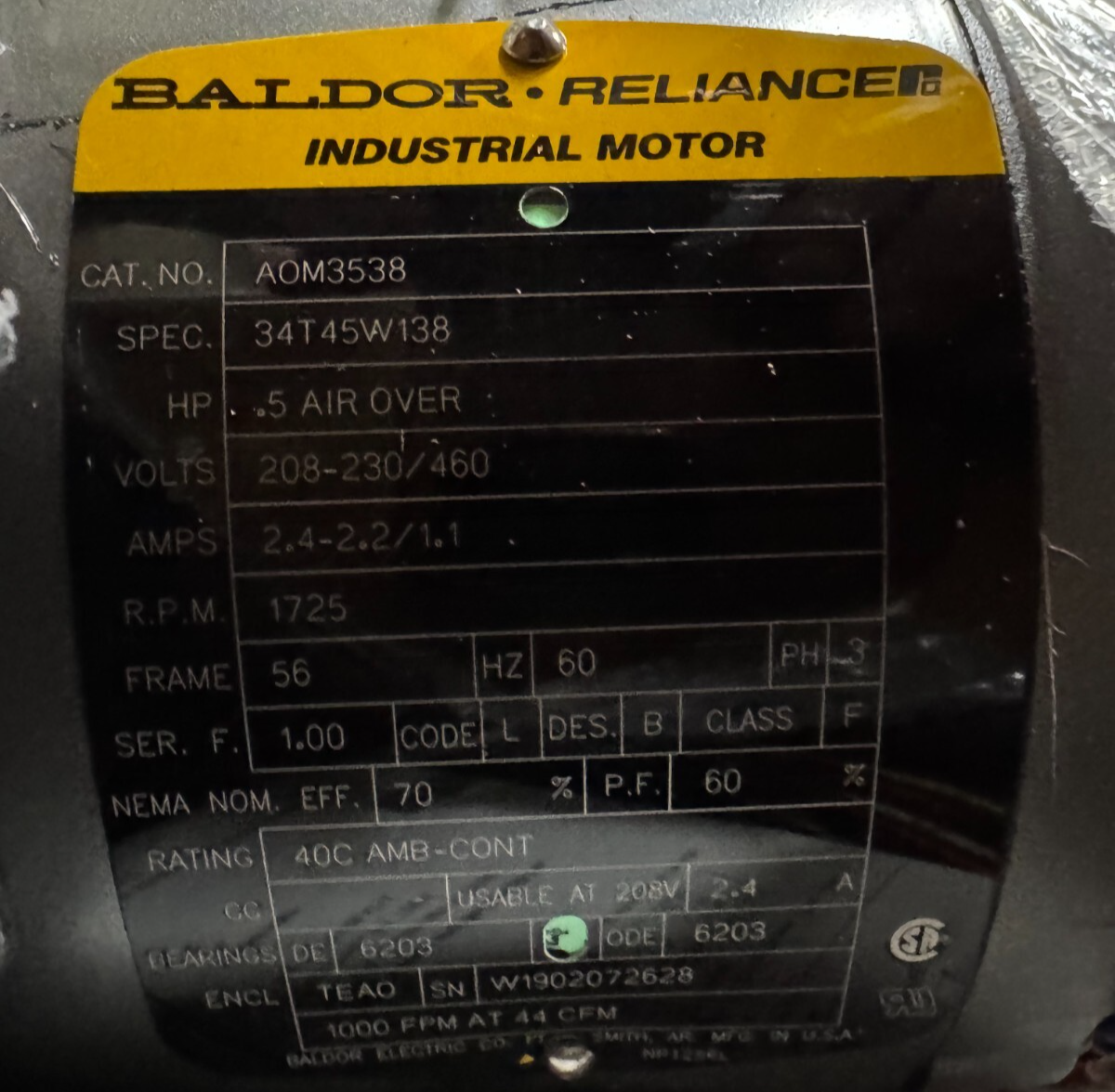 BALDOR MOTOR M7 1/2 HP MODEL AOM3538 1725 RPM 208-230/460 V  3 PH AMP FR 56