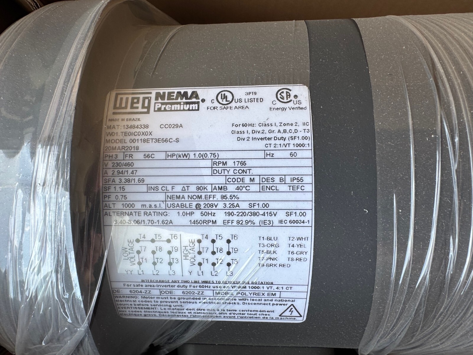 WEG MOTOR C3 1/6 HP 00118ET3E56C-S 1765 RPM 230/460 V  3 PH 2.94/1.47 A FR 56C