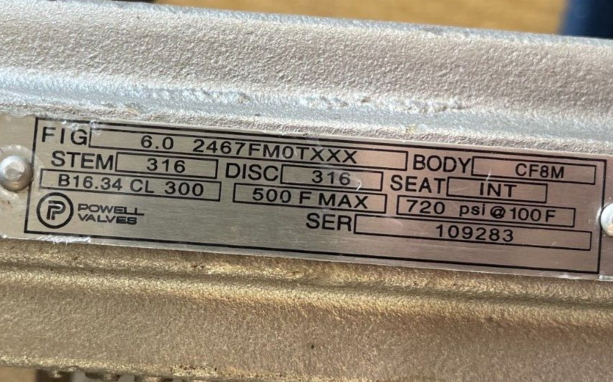 6" 300 LB RF GATE VALVE POWELL 316 STAINLESS 2467FMOTXXX