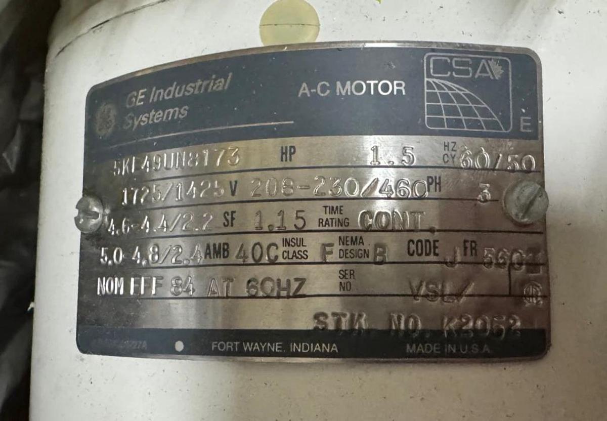 GE 11/2 HP MOTOR AD5C K2052 5K49UN8173 1725/1425 RPM 208/230/460 V 4.7-4.4/2.2 A