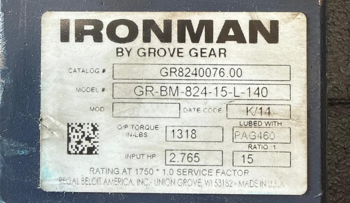 IRON MAN GROVE GEAR REDUCER 1XVB MOD GR-BM-824-15-L-140 2.76 HP 1750 RPM IN 15 T
