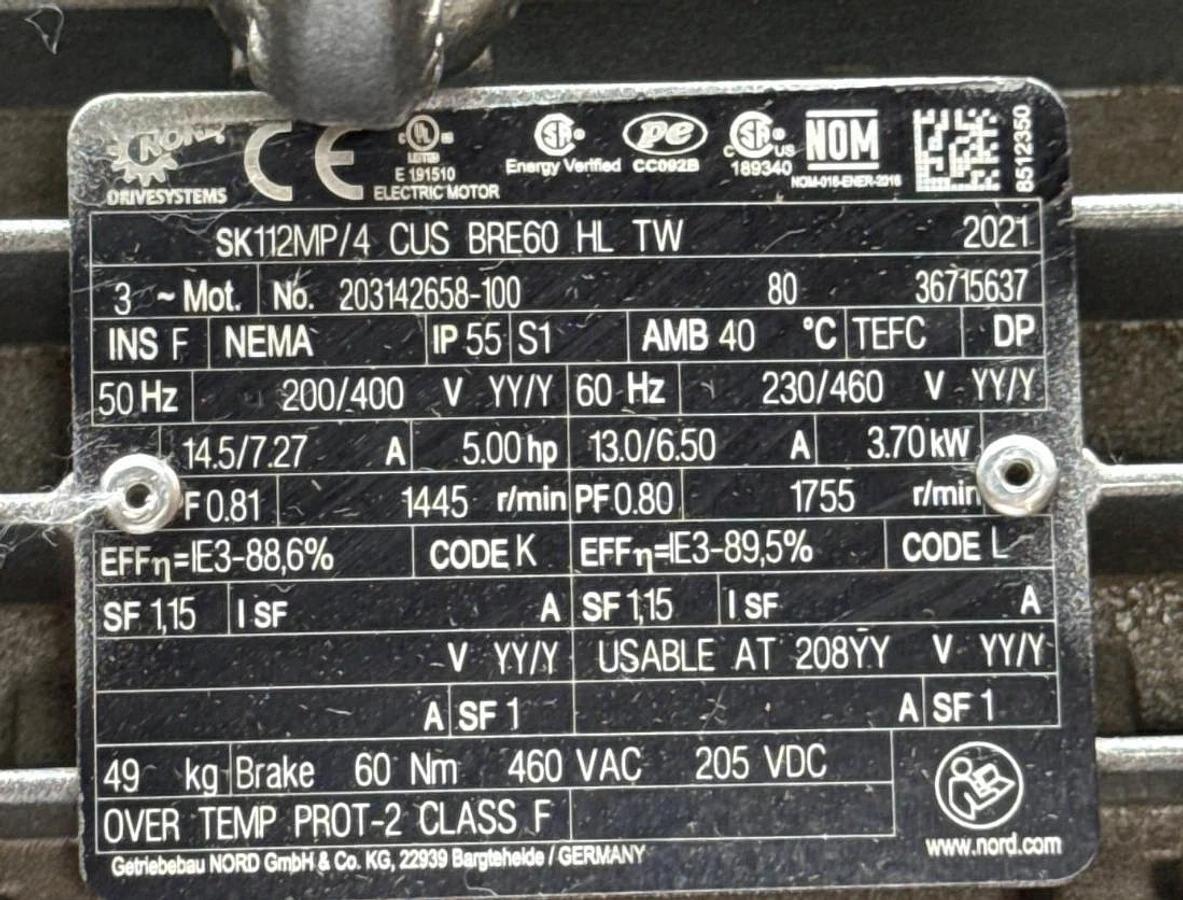 NORD DRIVESYSTEMS GEAR MOTOR 2XOA MOD SK9052.1 VL-112MP/4 CUS 5 HP 230/460 V