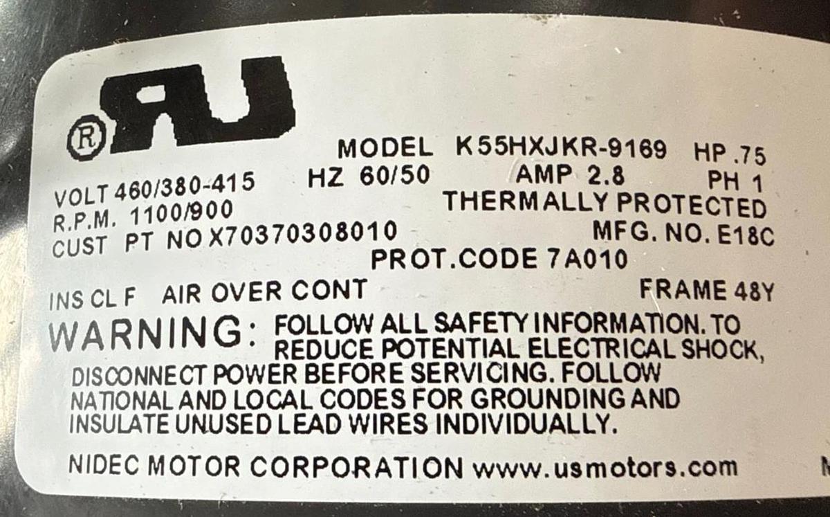 Used NIDEC Motor 3/4 HP MODEL K55HXJKR-9169 ZFA4 1100-900 RPM 460/380-415 V 2.8 AMP 1