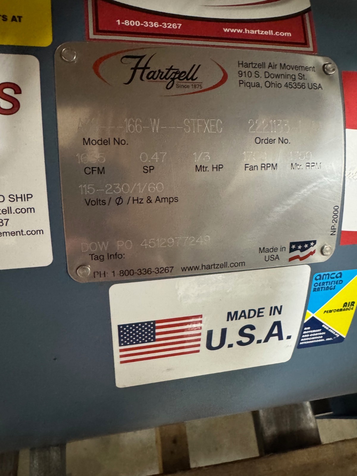 Hartzell 1035 CFM Blower VA7B Model A38-166-STFXEC 1/3 HP 115-230 Volt 1 ph