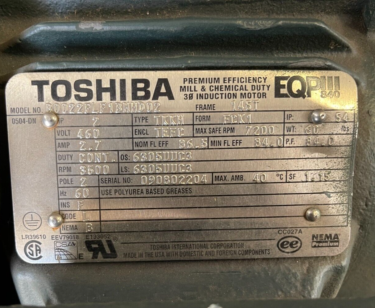 TOSHIBA 2 HP MOTOR 3500 RPM 460 V FRAME 145T B0022FLF1BMHD02