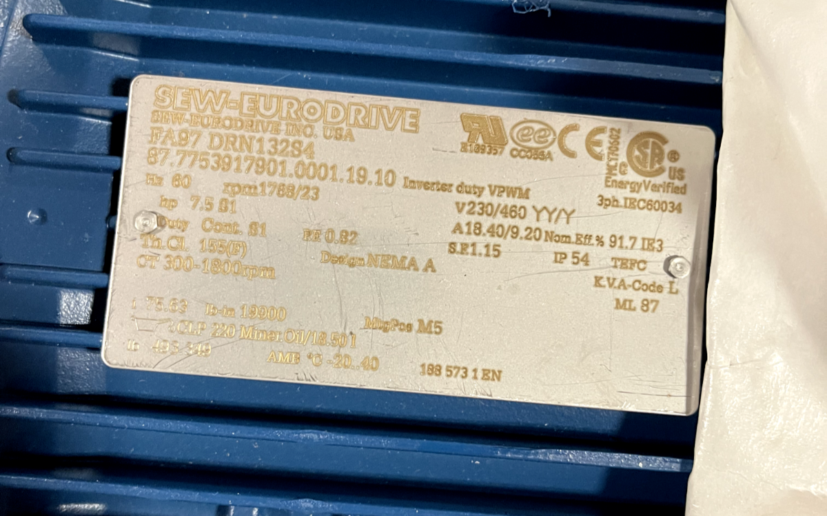 Sew Eurodrive 7.5-HP Gearmotor, 1768/23 RPM, 230/460 V, 75.63:1 Ratio FA97 DRN13