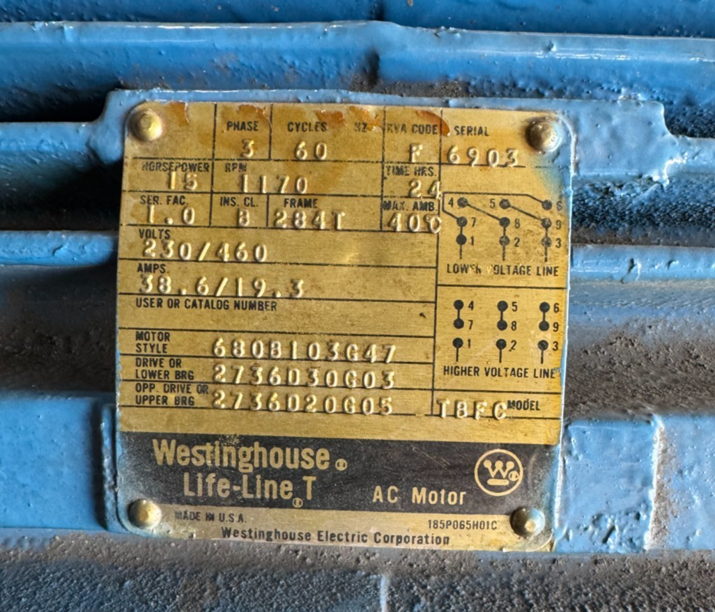 WESTINGHOUSE MOTOR 15 HP MM1 TBFC 1170 RPM 230/460 V 3 PH 38.6/19.3 A FR 284T