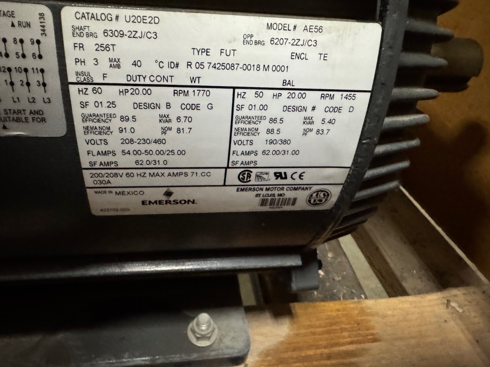 US MOTORS  20 HP MOTOR MODEL U20E2D WA1A  1770 RPM 208-230/460 V 62/31  AMPS