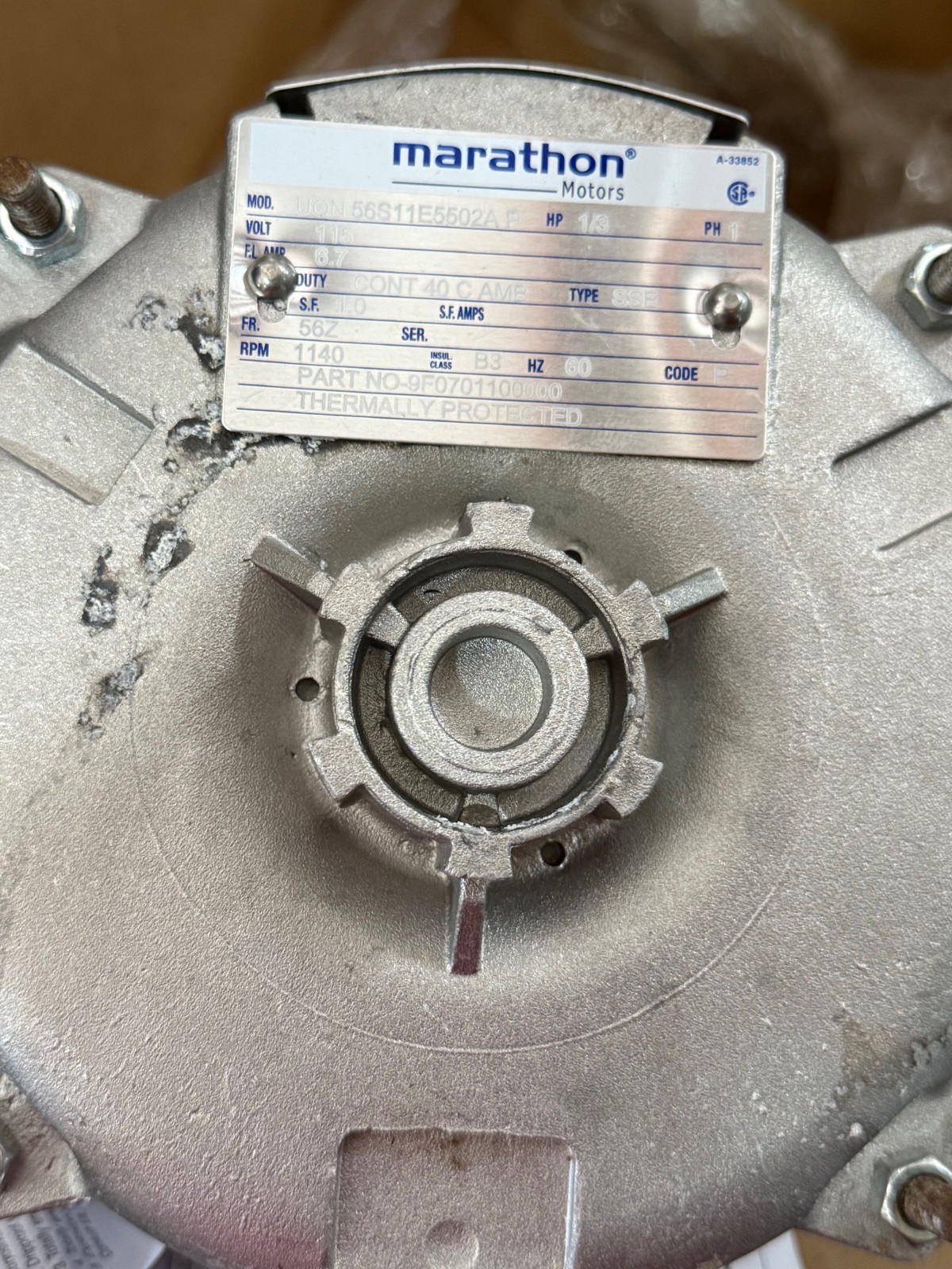 MARATHON Motor 1/2 HP MODEL MOT04757 WA6I 1075 RPM 460 V 1.7 AMP 3 PH FRAME 48Y