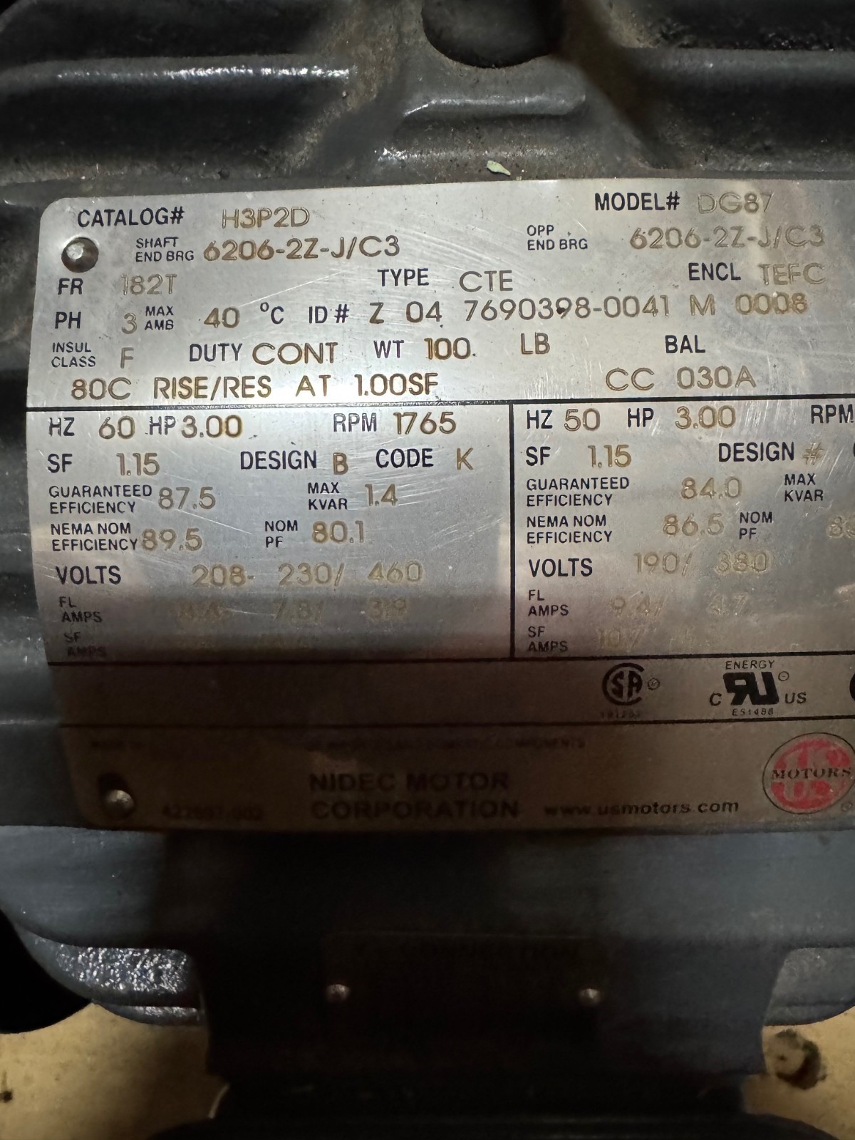 US MOTORS MOTOR MODEL H3P2D MODEL DG87 WA4D 3 HP 208-230/460 V  1765 RPM