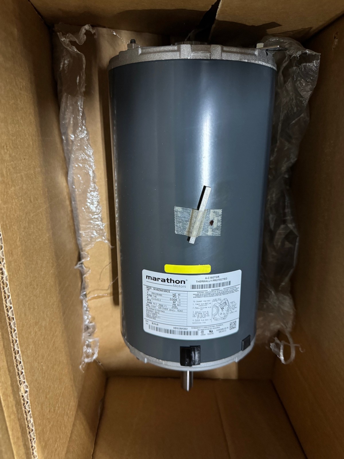 MARATHON  Motor 1 HP MODEL HD52AK002 VA10E 1VA14A 725 RPM 208-230/460 V
