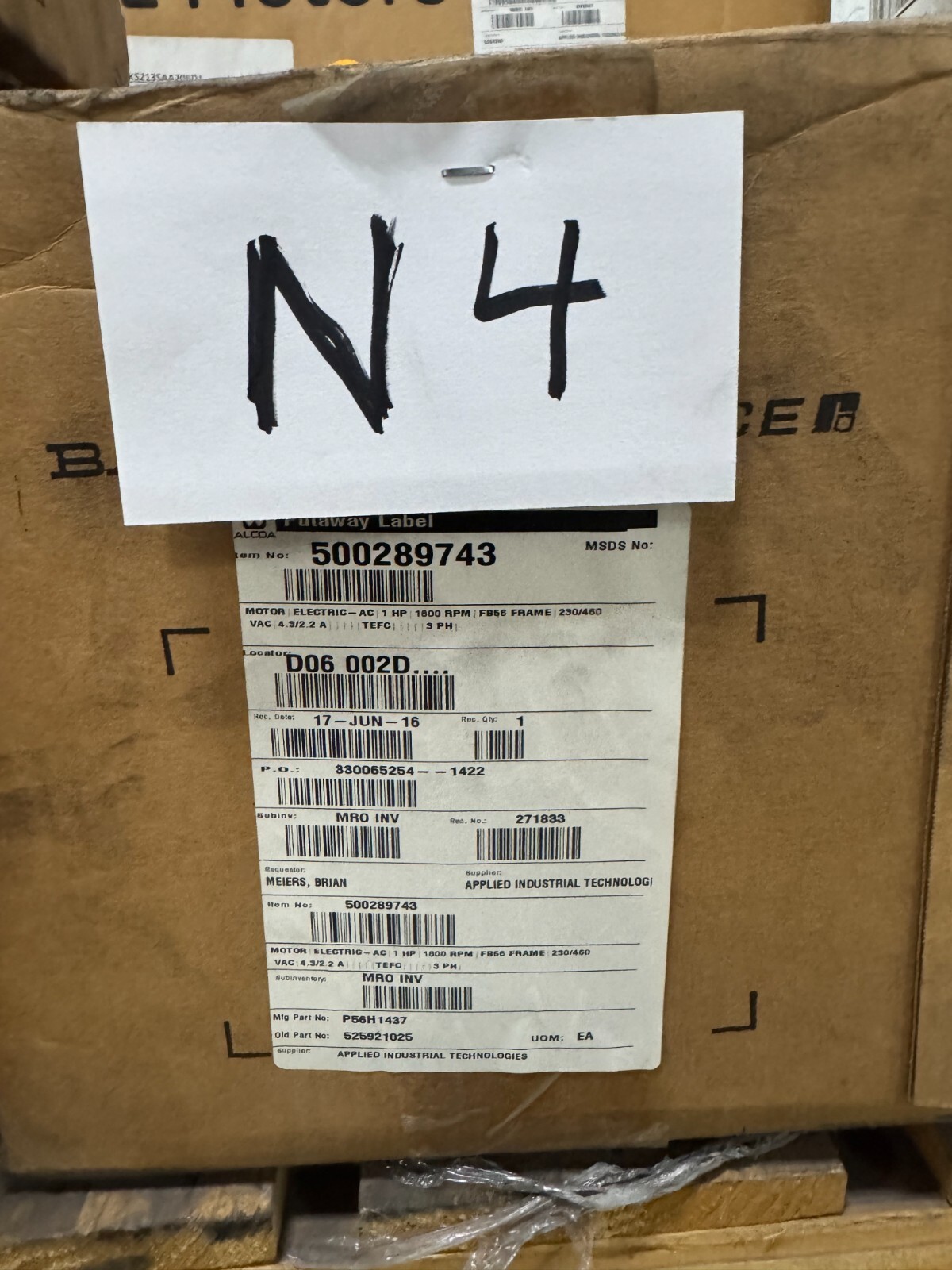 BALDOR MOTOR N4 1 HP M3546 1725 RPM 208-230/460 V  3.7-3.4/1.7 AMP 3 PH FR 56
