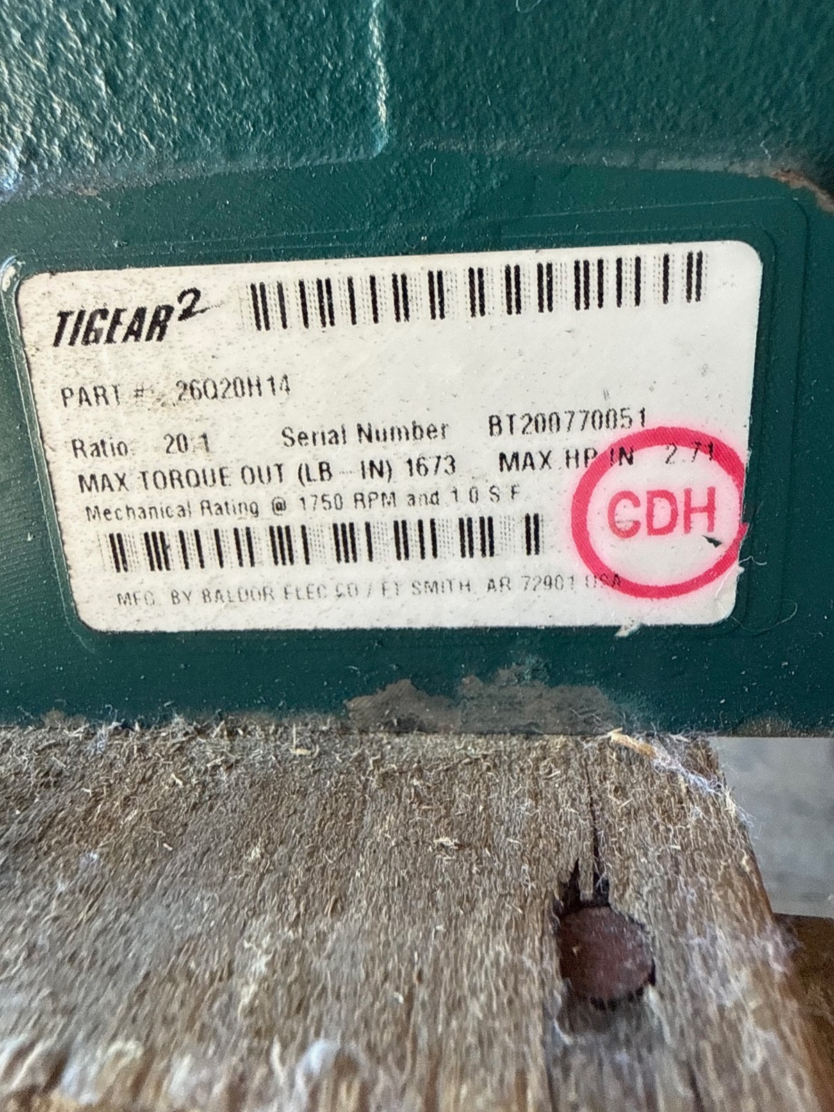 TIGEAR/2 BALDOR GEAR REDUCER 1XTA 1XPH MODEL 26Q20H14 1750 RPM 20 TO 1 RATIO
