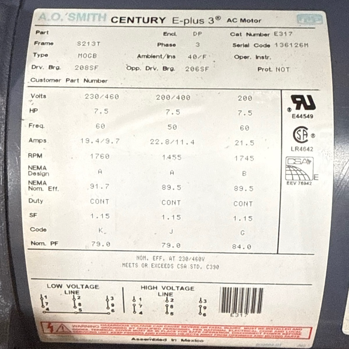 Used AO SMITH CENTRY E PLUS 3 Motor 7.5 HP MODEL E317MOGB ZFA2 1760 - 1745 RPM 230/46