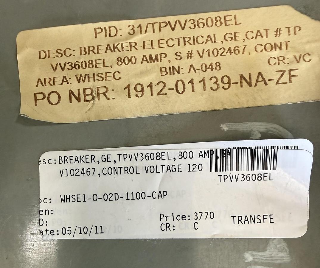 Refurbished GE 800 AMP BREAKER MODEL TPVV3608E1 2YY4 S NO V102467 CTRL VTAGE 120VAC TRIP UNIT RMS-9 MICRO-VERSA TRIP PROGRAMMER CAT TS20L1 RATING PLUG TR2SX