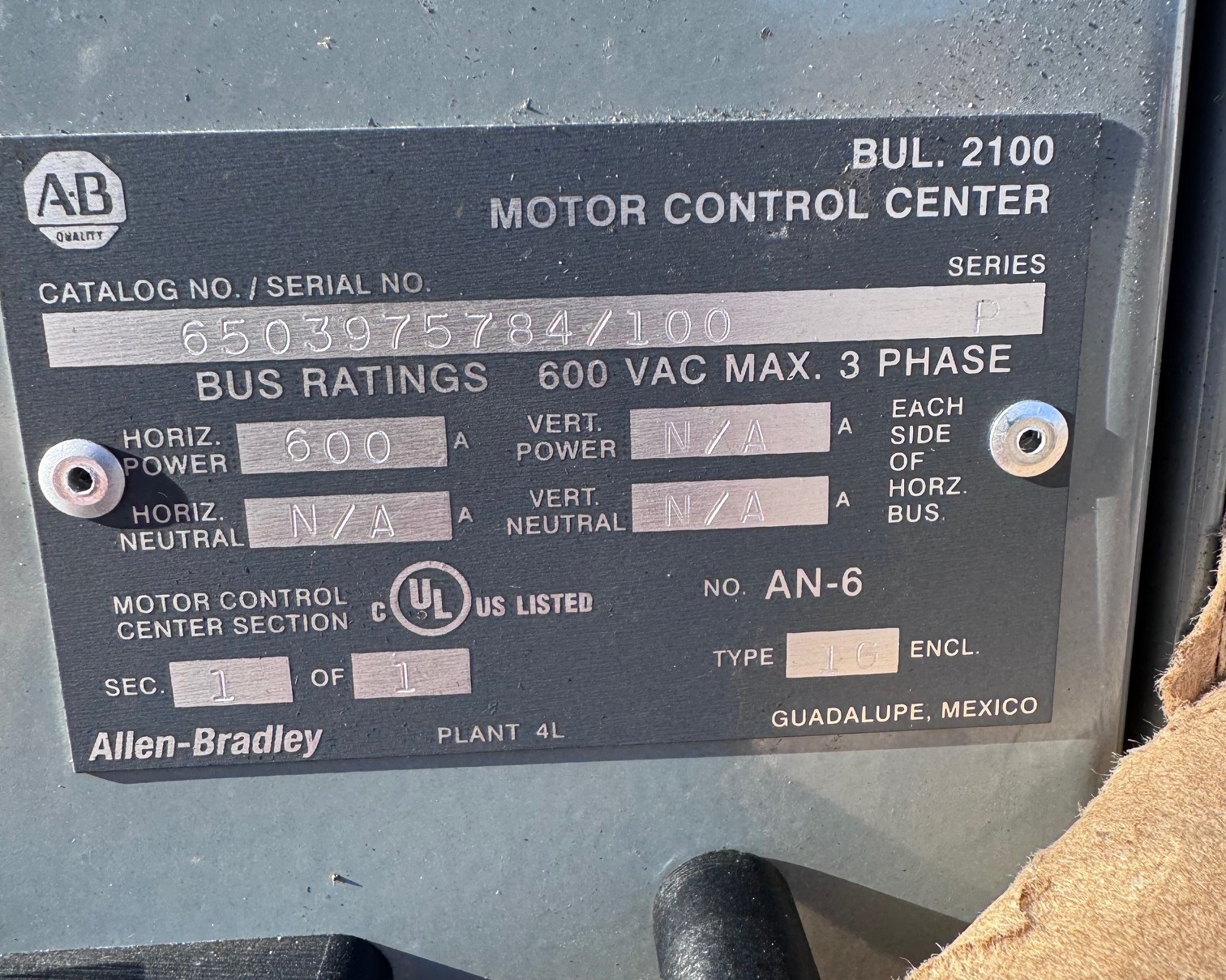 MOTOR CONTROL CENTER ABB MCC2100-FBLK-1 600 AMP VA12D  CAT # 6503975784/100