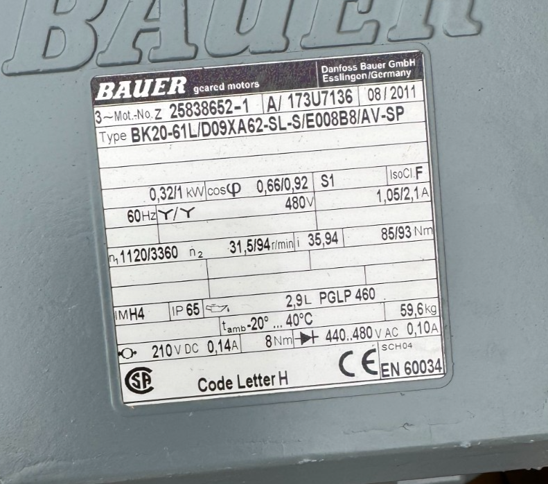 Bauer Gear Motor HH1 BK20-61L/D09XA62-SL-S/E008B8/AV-SP 1120/31.5/3360/94RPM