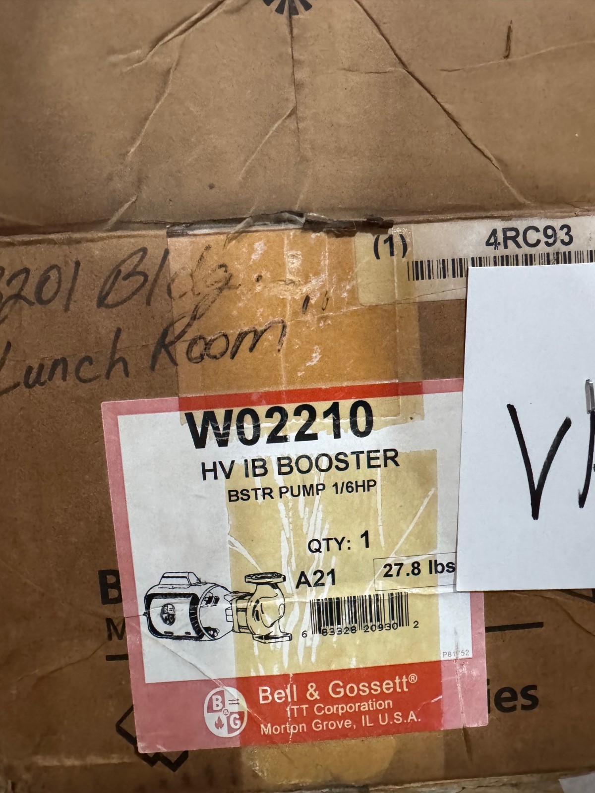 Bell & Gossett 1" X 11/2" X 7" PUMP MODEL W02210 HV IB VA17D 1725 RPM 1/6 HP