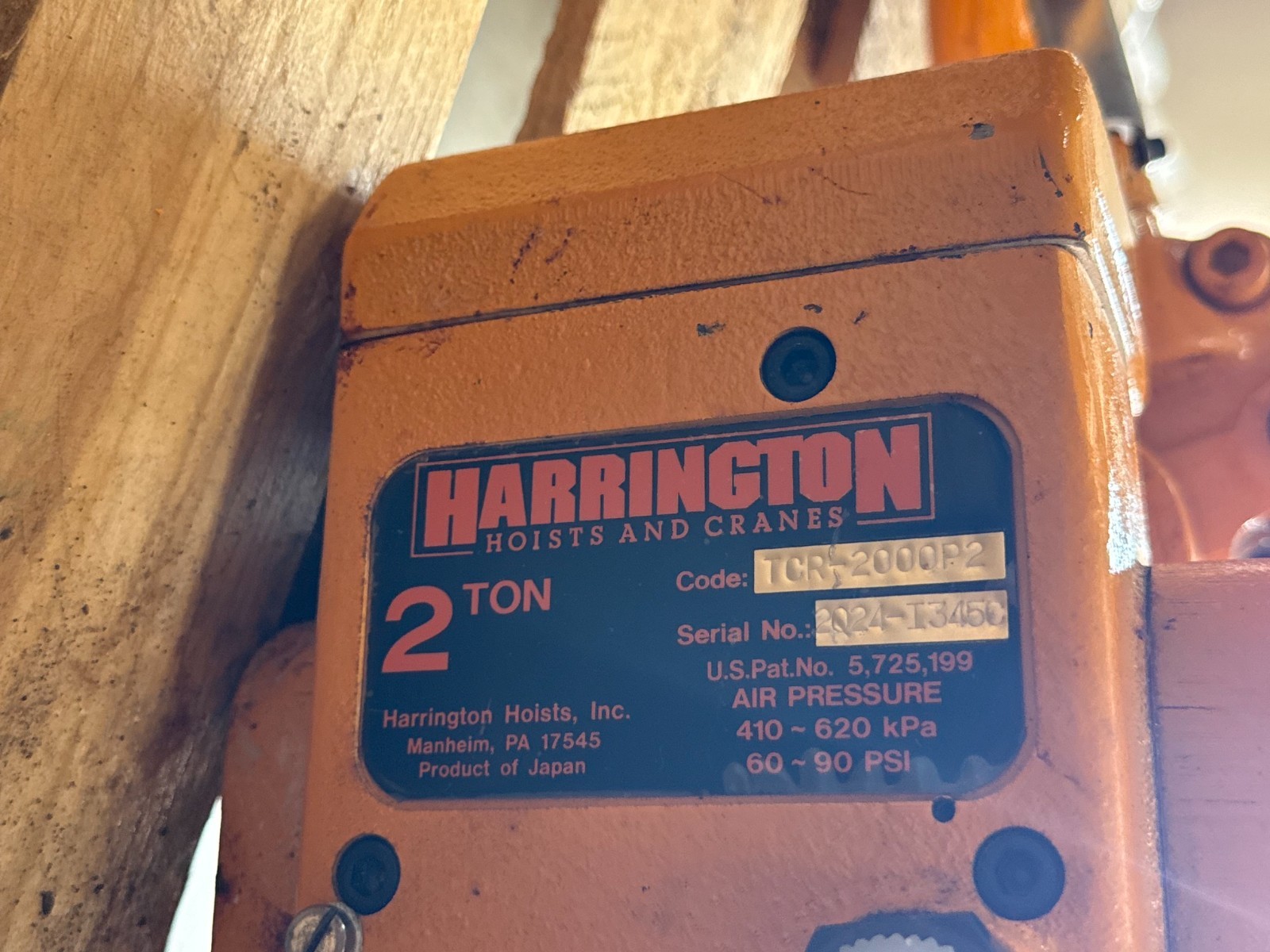 Used Harrington Pneumatic Hoist 2 Ton TCK2000-P2  WITH TROLLEY 2YR3-9