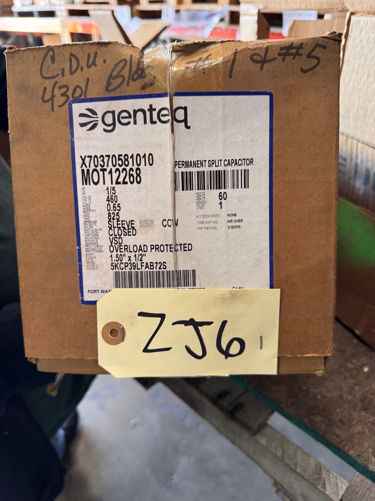 GENTEQ Motor 1/5  HP MODEL MOT12268 AB72S ZJ3 ZJ6 825 RPM 400/460 V . 65 AMP