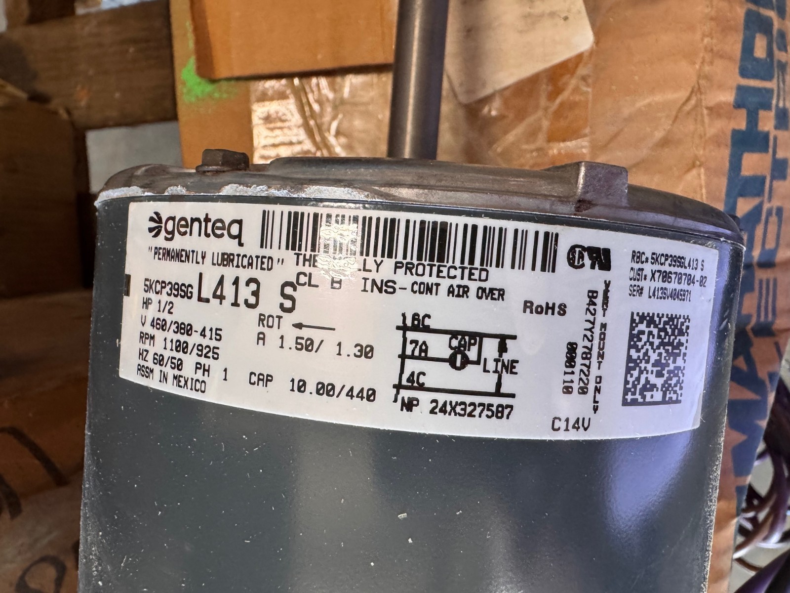 GENTEQ Motor 1/2  HP MODEL MOT05057 L413S  ZL6 1100/925 RPM 460/380-415 V 1.5