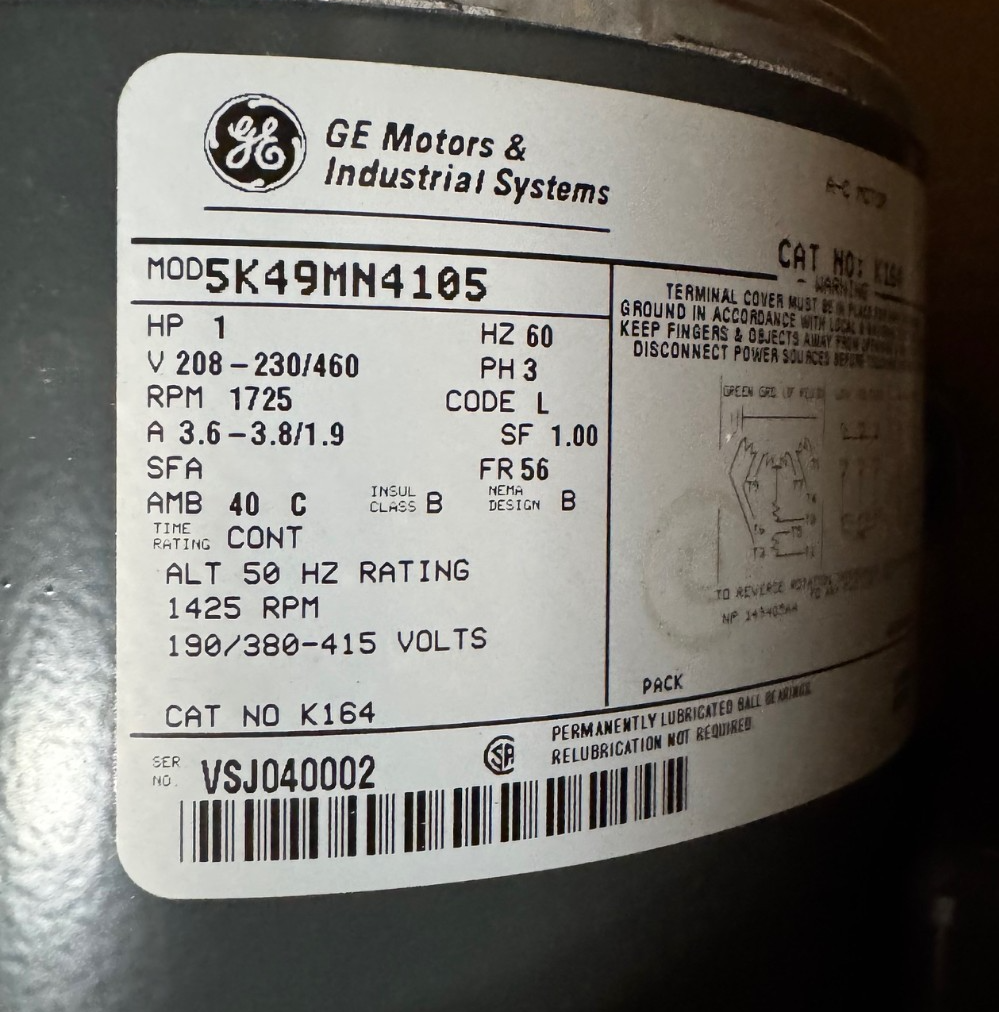 GE 1 HP MOTOR AD4C K164 5K49MN4105 1725 RPM 208/230/460 V 3.6-3.8/1.9 AMP FR 56