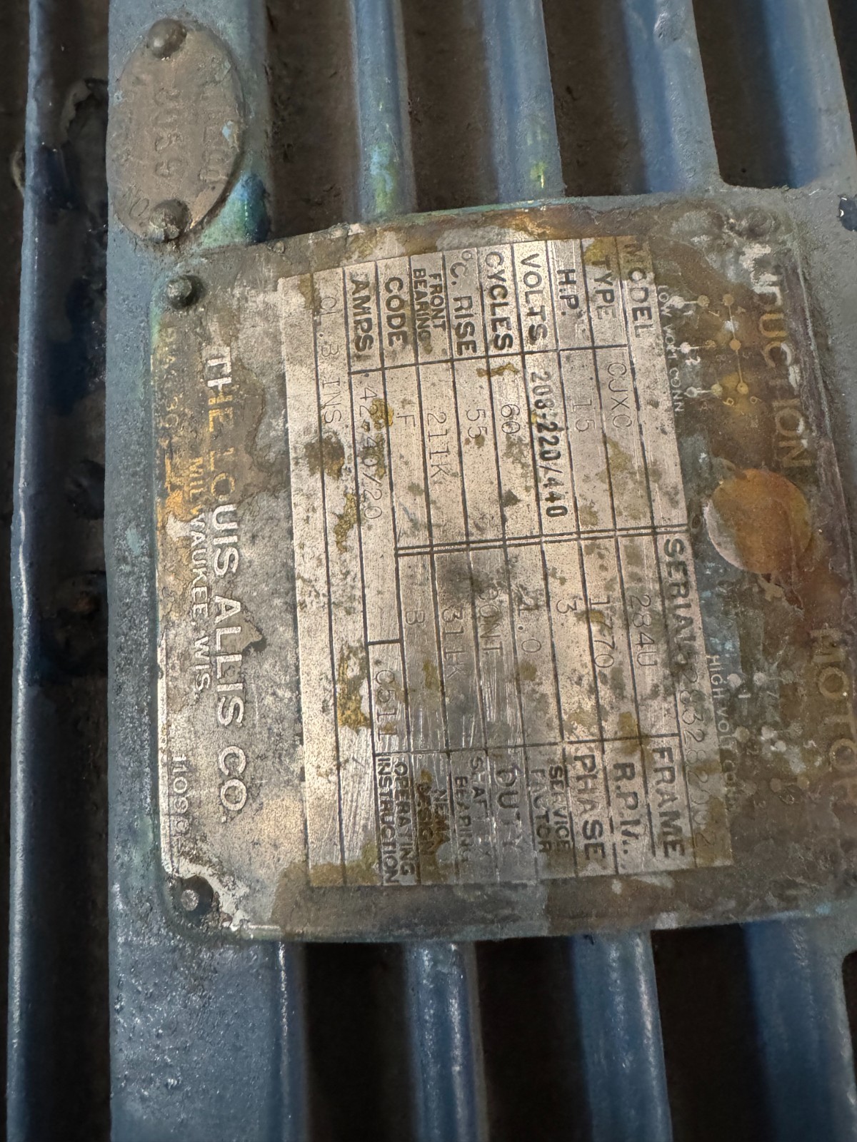 LOUIS ALLIS MOTOR X 15 HP MODEL CJXC 1770 RPM 208-220/440 V 3 PH 42/20AMP F 284U
