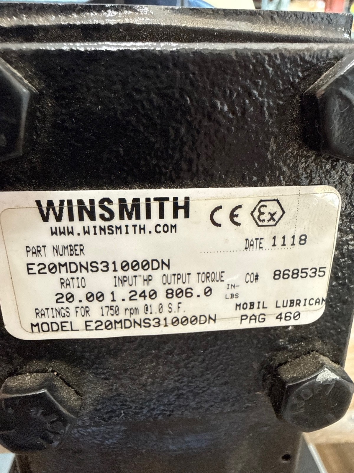 WINSMITH GEAR REDUCER 1XVC MOD E20MDNS31000DN 1750 RPM IN 20 TO 1 RATIO INPUT HP