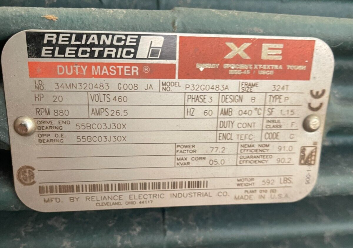 20 HP PULP PUMP 880 RPM 460 V 3 PH 26.5 AMPS MODEL P32G0483A