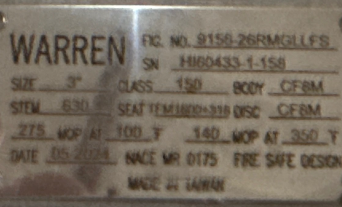 Used WARREN 3" 150 DOUBLE OFFSET LUG HI PERFORMANCE BUTTERFLY VALVE  MODEL 9158-2