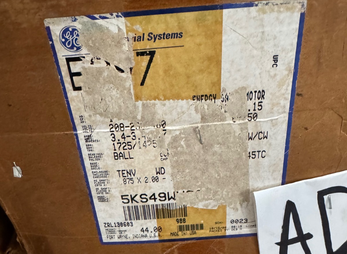 GE 1 HP MOTOR AD5F E297 5KS49WN8038A 1725/1425 RPM 208/230/460 V 3.4/1.7 A 145TC