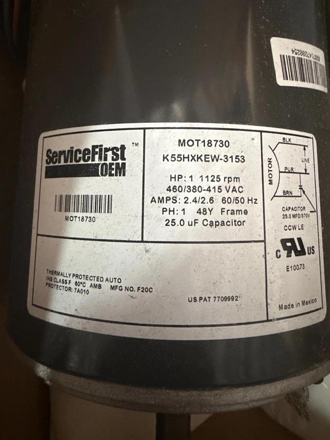 MARATHON Motor 1 HP MODEL MOT18730 XA3 1125 RPM 460/380-415 V AMP 2.4/2.6