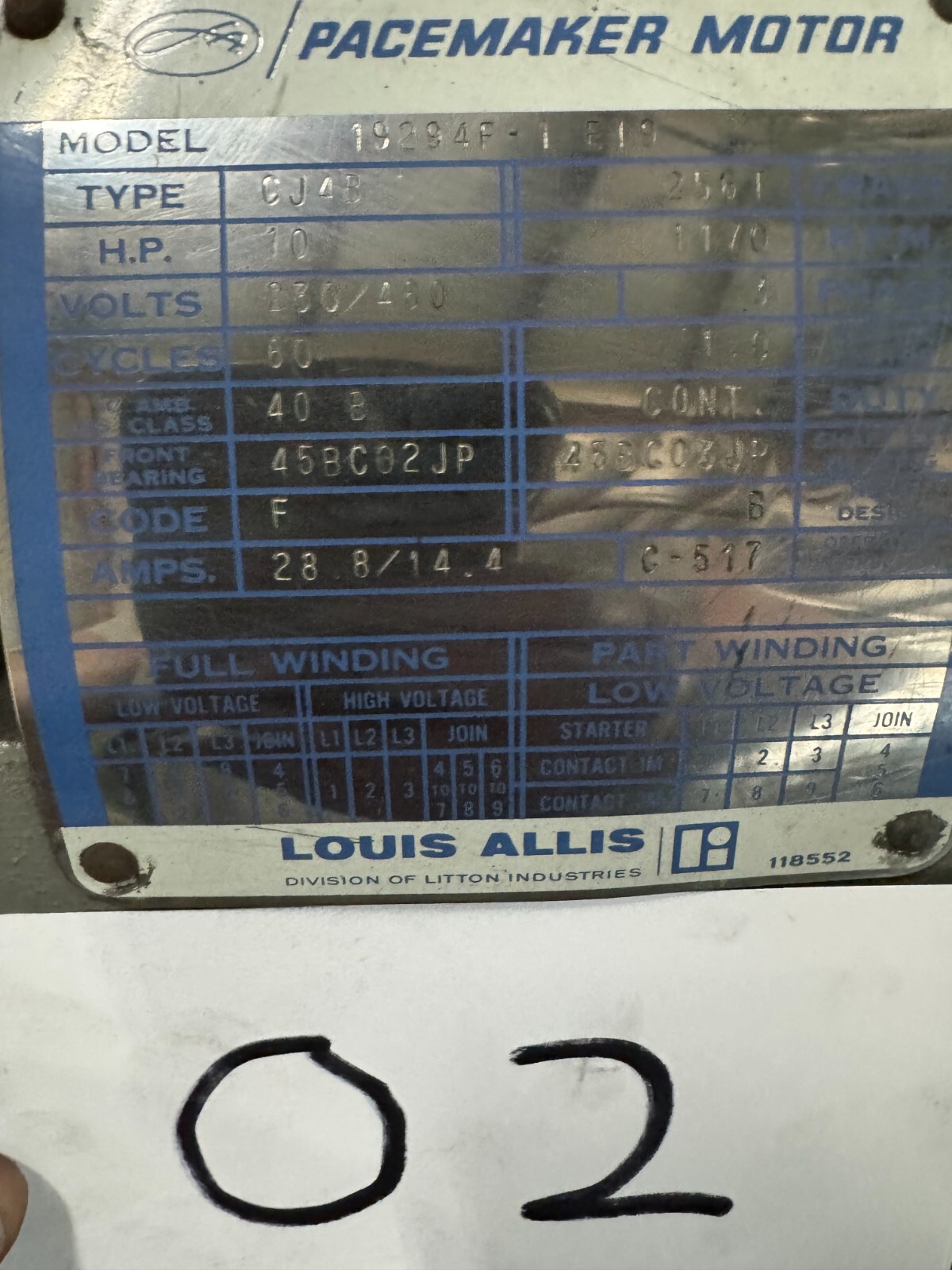 LOUIS ALLIS  MOTOR O2 10 HP MODEL 19294F-1  1170 RPM 230/460 V 3 PH 28.8/14.4