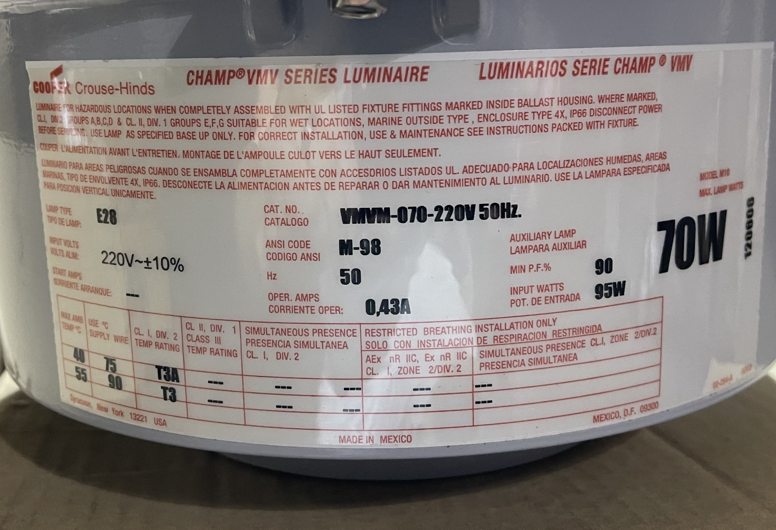 COOPER CROUSE HINDS CHAMP AD12 AD13 AD18 VMVM-070-220V 50 HZ 95 WATT 220 V