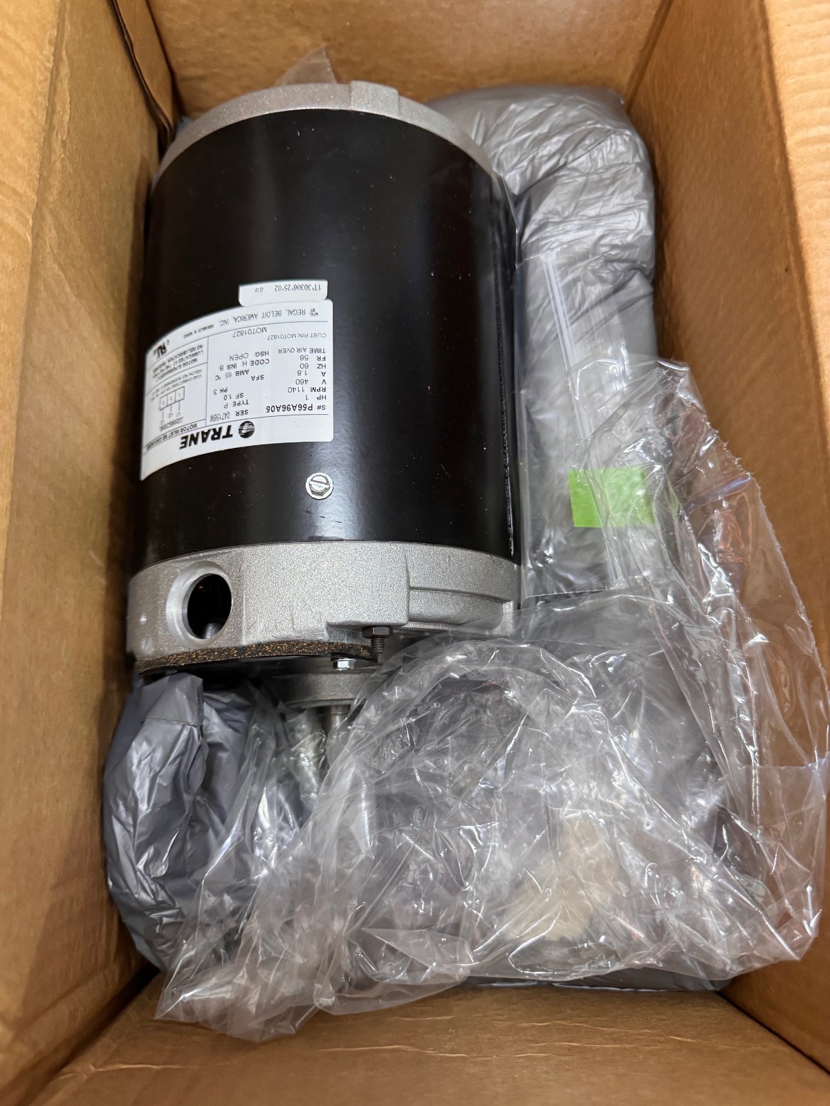 TRANE Motor 1 HP MODEL MOT01827 P56A96A05 ZFA7 ZK3 ZL21140 RPM 460V 1.8 AMP 3 PH