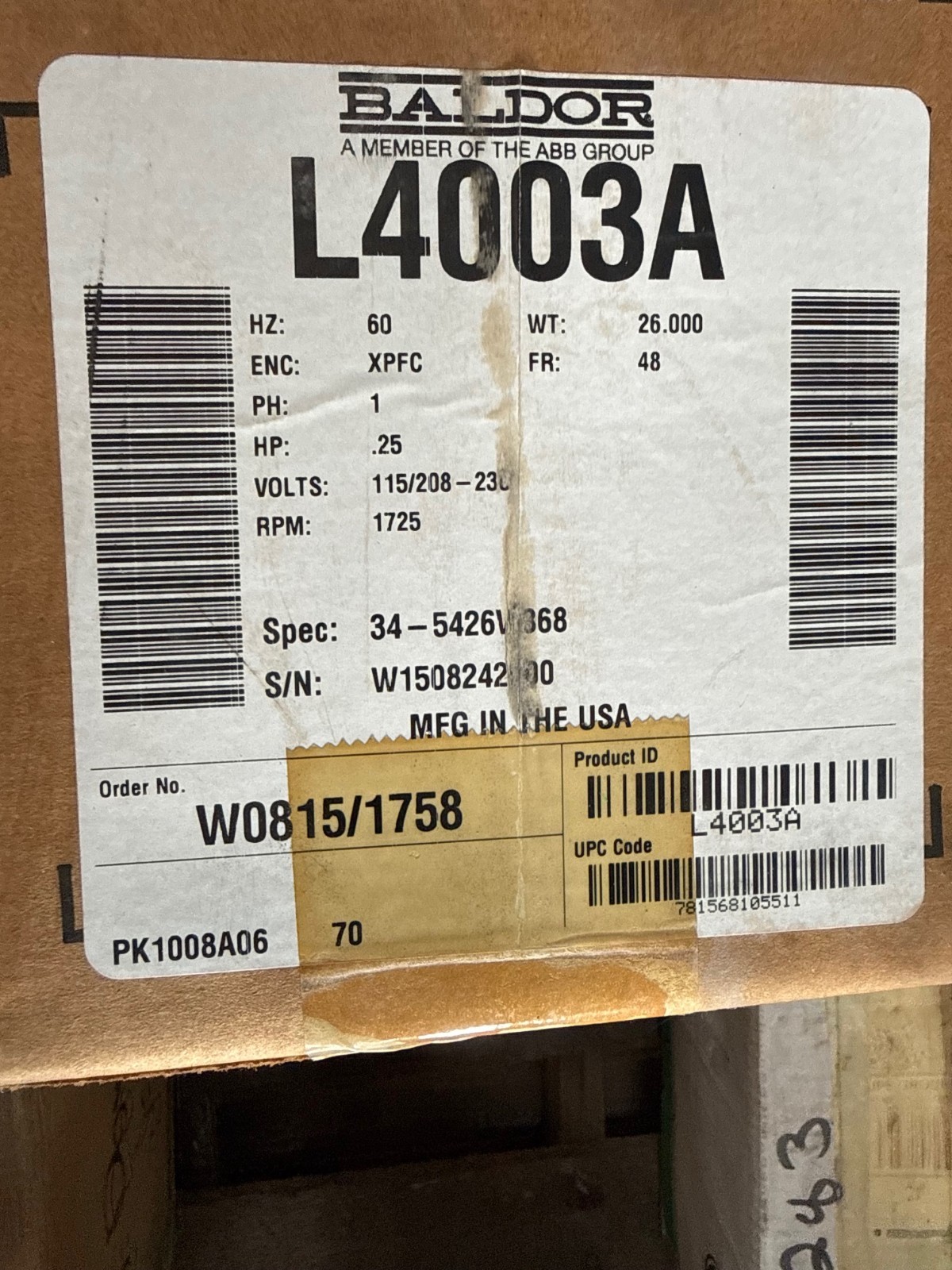 Used BALDOR EXPLOSION PROOF Motor .25 HP MODEL L4003A ZFA5 1725 RPM 115/208-240 V 5/2
