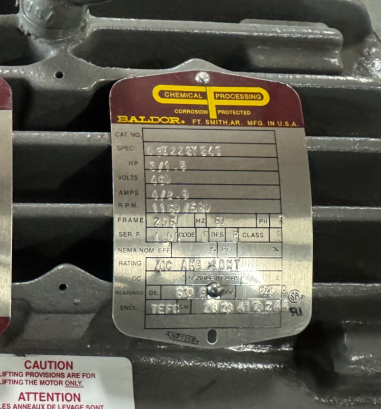 BALDOR MOTOR H2 3 /1.5 HP CHEMICAL PROCESSING PROTECTED C3E225Y546 1150/580RPM