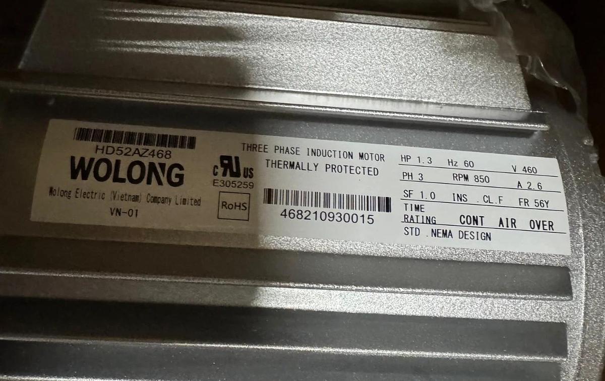 WOLONG Motor 1.3 HP MODEL HD52AZ468 VA10D VA14C WA4A 850 RPM 460 V 2.6 AMP 3 PH