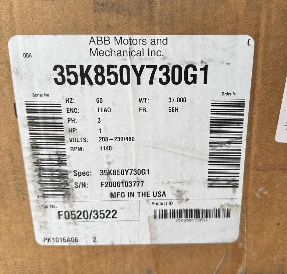 ABB BALDOR MOTOR C1 1 HP MO 35K850Y730G1 1140RPM 208-230/460 V 1 PH AMP FR 56H