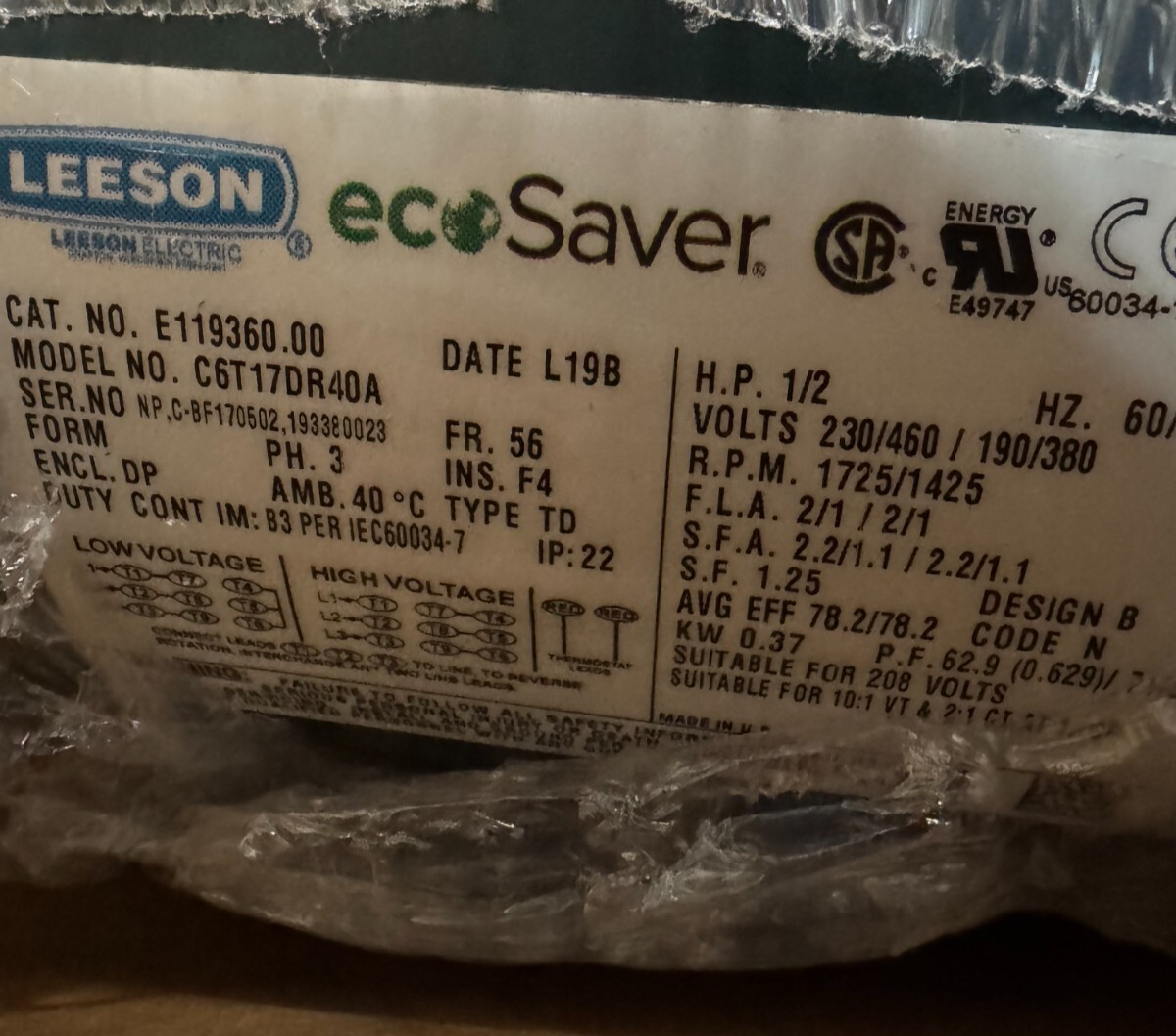LEESON MOTOR N6 1/2 HP E119360.00 1725/1425 RPM 230/190/460/380 V  3 PH FR 56