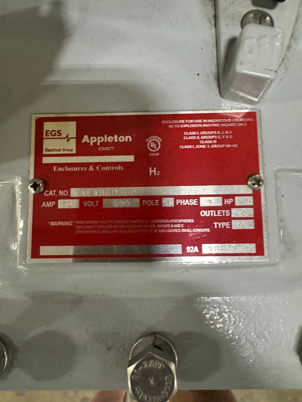 APPLETON EGS EXPLOSION PROOF BREAKER V56 V65 60 AMP 600 V 3 POLE 3 PH AEAB6036DS