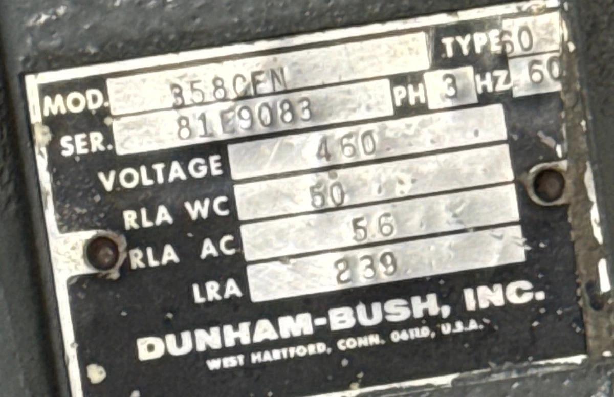 Refurbished DUNHAM-BUSH SEMI HERMETIC COMPRESSOR 2YF MODEL 358CFN TYPE 60 450 V 50 AMP 3 PH
