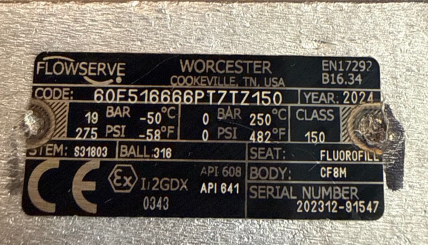 WORCHESTER FLOWSERVE 6" 150 RF FULL PORT BALL VALVE 316 SS BODY 2XPA