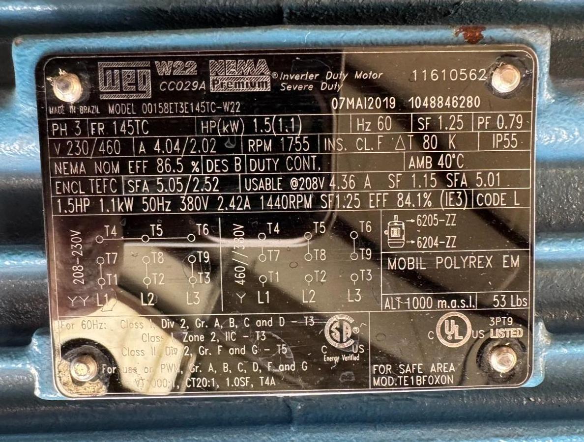 WEG MOTOR VV7 11/2 HP MODEL 00158ET3E145TC 1755 RPM 230/460 V 4.04/2.02 AMP 3PH