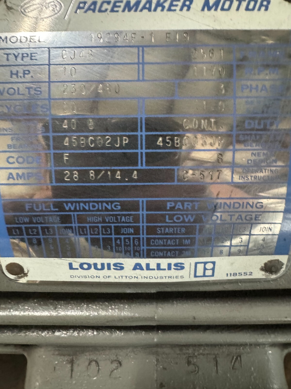 LOUIS ALLIS  MOTOR O2 10 HP MODEL 19294F-1  1170 RPM 230/460 V 3 PH 28.8/14.4