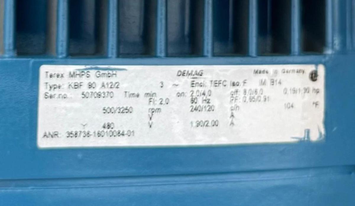 DEMAG CRANE GEAR MOTOR 9 .15 HP HH2 KBF 90 A12/2 500-240/3250-120 RPM