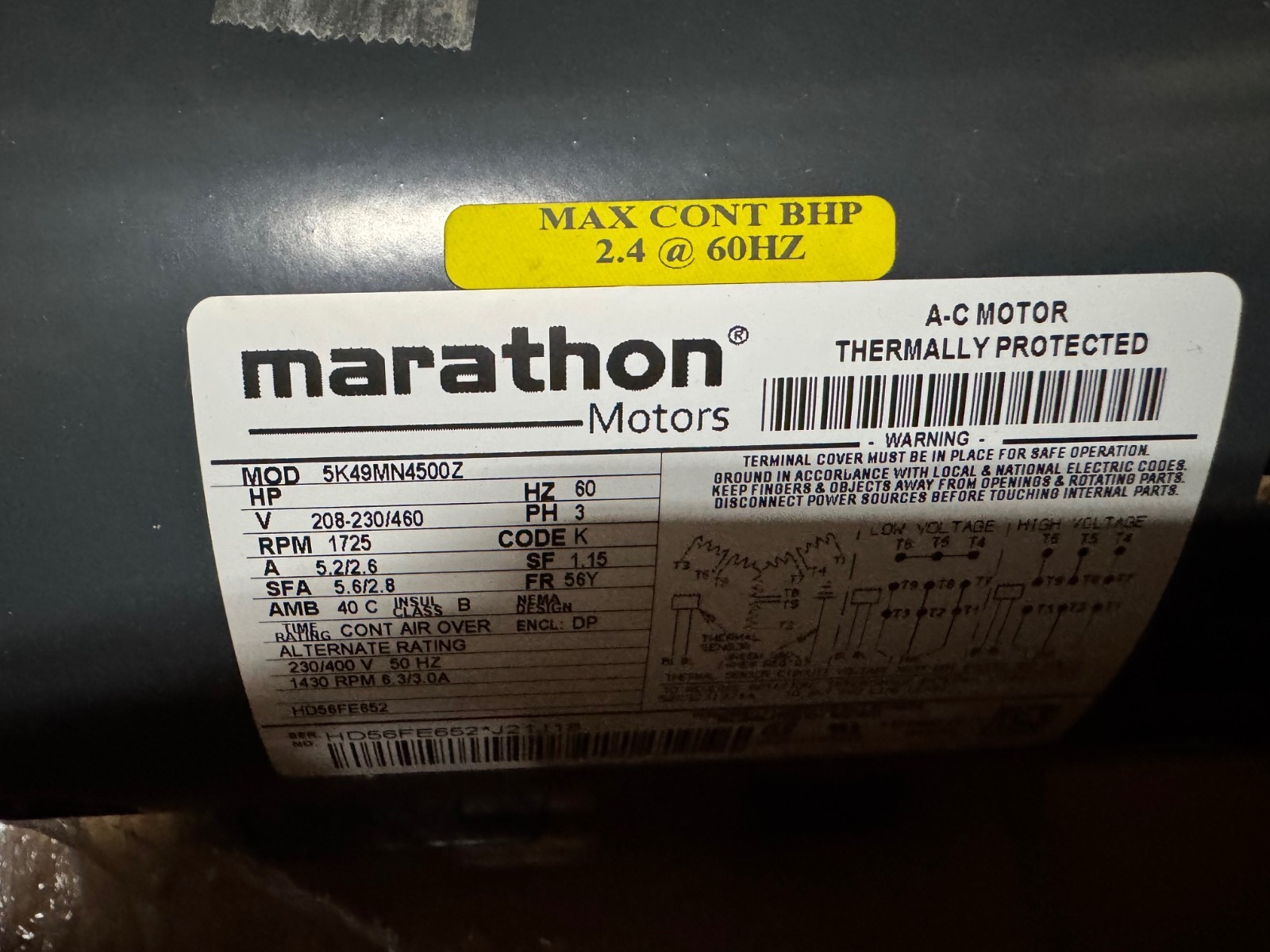MARATHON Motor 1 HP MODEL HD52FE652 VA10F 1725 RPM 208-230/460 V 5.2-2.6 AMP 3