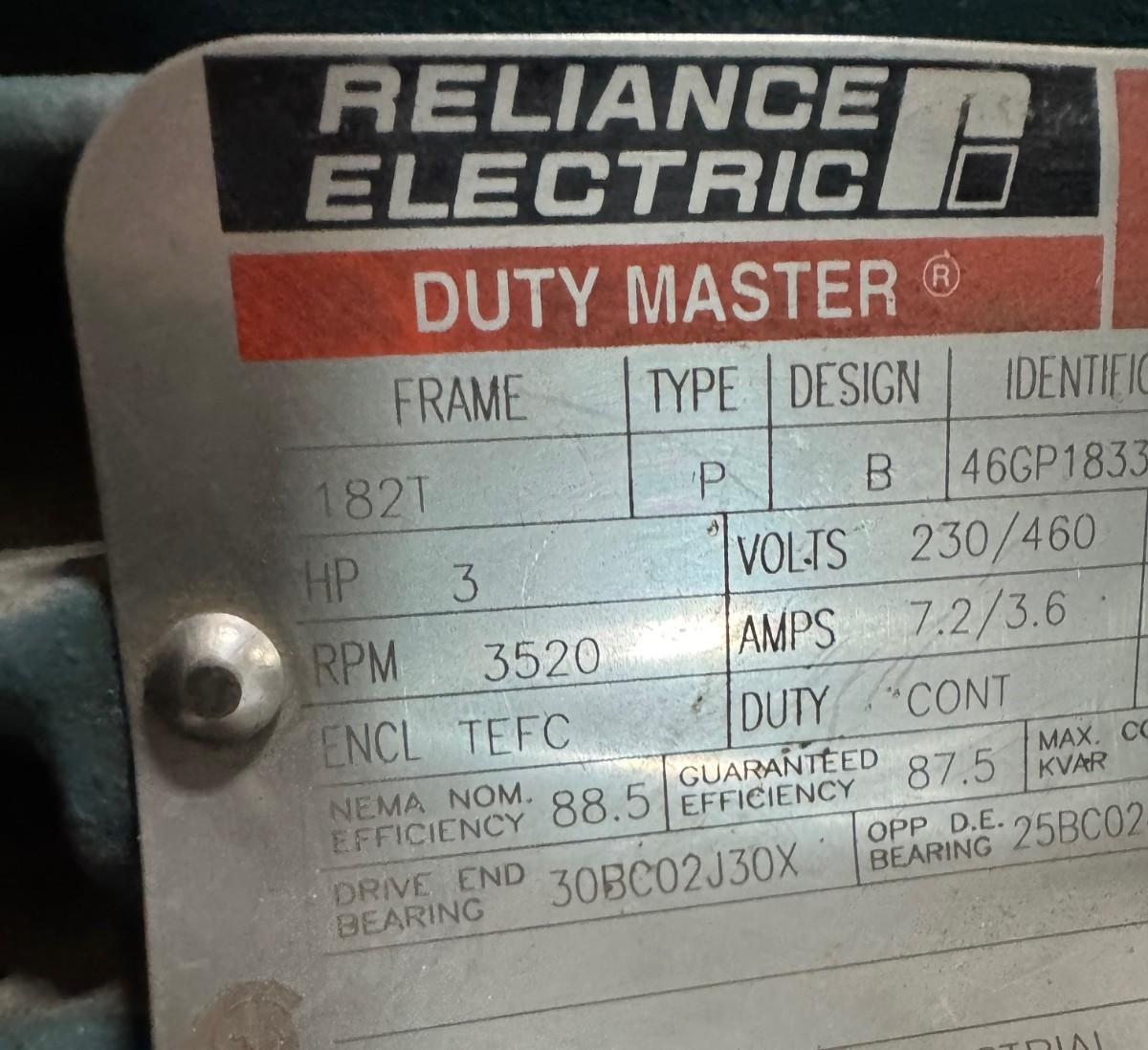 RELIANCE DUTY MASTER Motor 3 HP MODEL 46GP18334501G2LD VA18E 3520 RPM