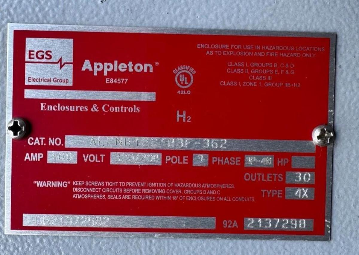 APPLETON EXPLOSION PROOF BREAKER PANEL ALPNB12C18BF-362 100 AMP 120/208 V 3 PH
